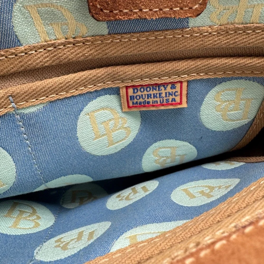 Dooney & Bourke Vintage Blue Denim DB Logo Circle Print Tote Bag‎ Brown Leather